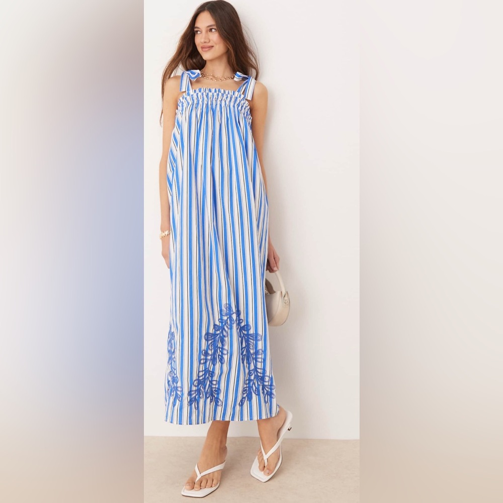 YAS Blue and White Striped Smock Maxi Dress